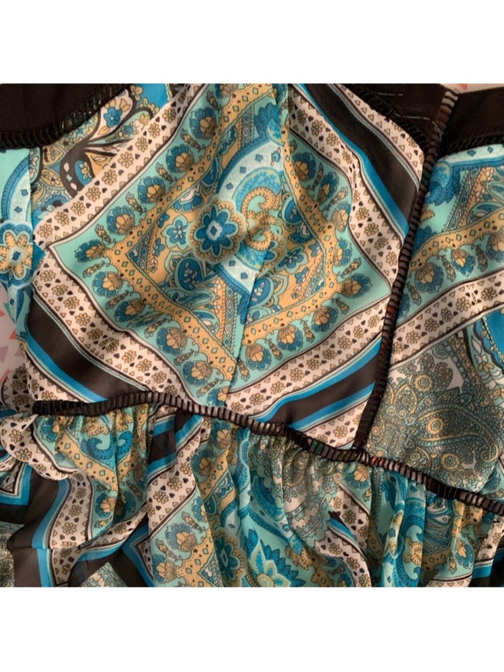 BISOU BISOU Michele Boho Teal Black Blue Green Tan Scarf Tile Print Size 2 - Picture 3 of 8